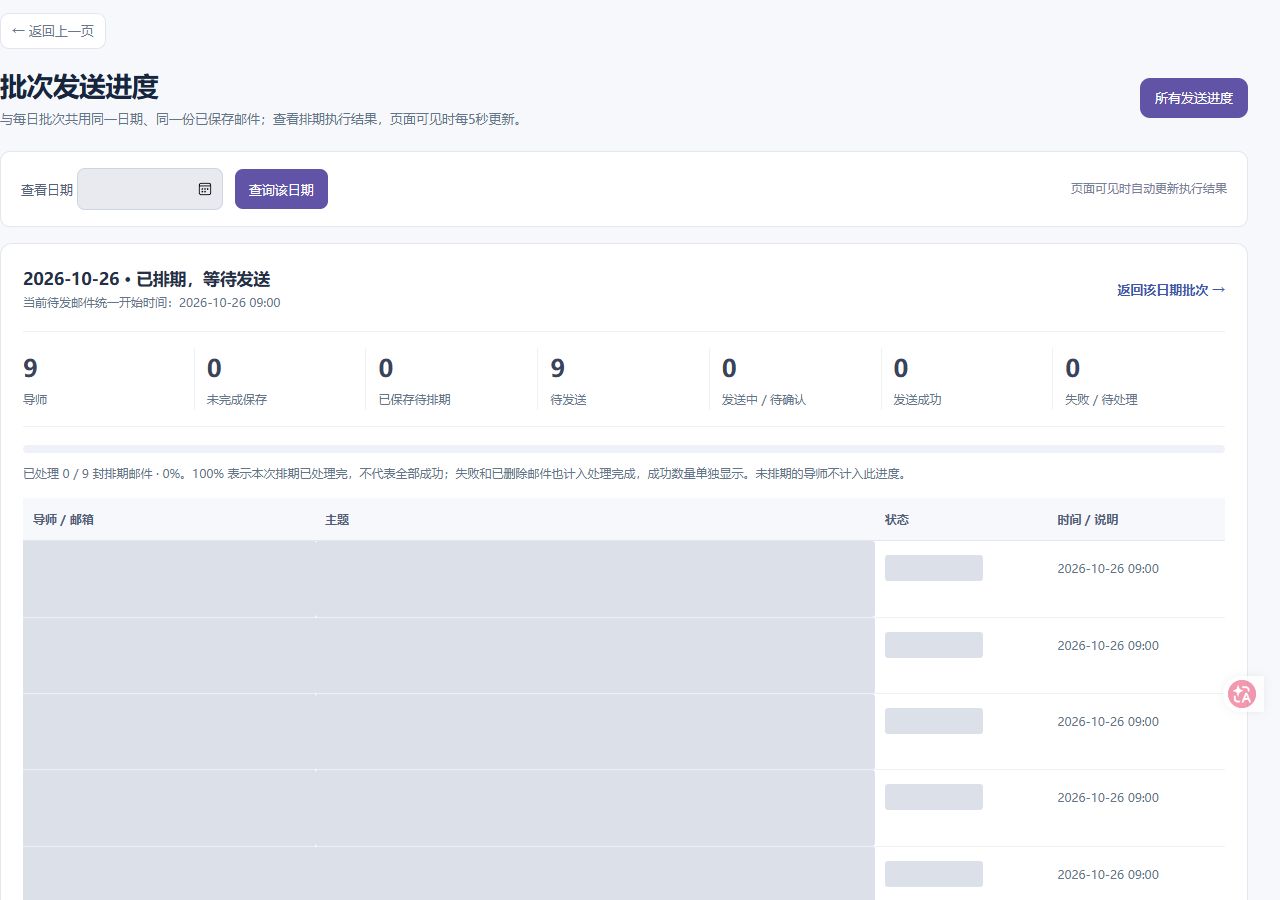 批次发送进度：查询等待执行与发送结果，真实网页截图